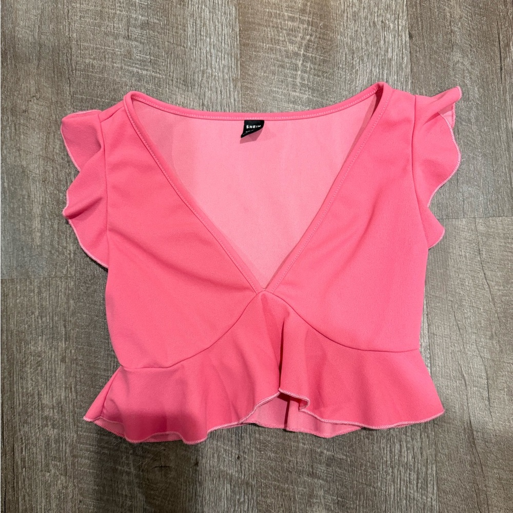 SHEIN Pink Ruffle Sleeve Crop Top